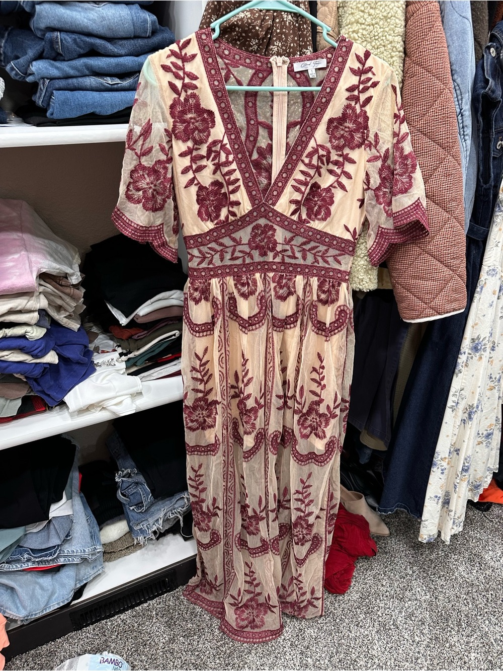 Embroidered V-Neck Maxi Dress in Beige with Burgundy Floral Accents